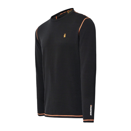 Spika ThermaFlow men's thermal top in Black, three-quarter view with orange stitching and sleeve logo