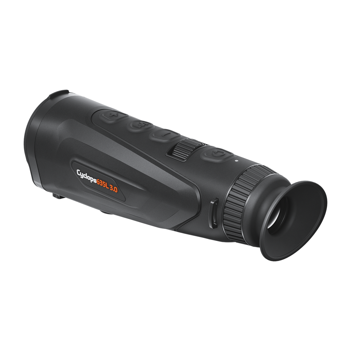 ThermTec Cyclops 635L 3.0 thermal monocular, rear three-quarter view of eyecup and Cyclops model badge