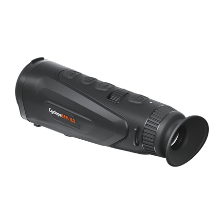 ThermTec Cyclops 635L 3.0 thermal monocular, rear three-quarter view of eyecup and Cyclops model badge