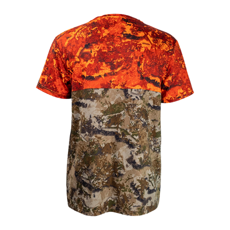 Spika Trail kids' T-shirt in Biarri Blaze, back view with blaze orange shoulders