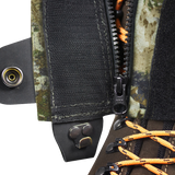 Spika Ranger adult gaiter in Biarri Camo, close-up of the zip, hook-and-loop flap and lace hook