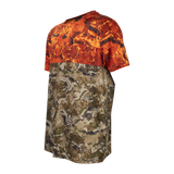 Spika Trail kids' T-shirt in Biarri Blaze, side view showing the blaze and camo colour-block