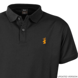 Spika GO Casual men's black polo, updated version close-up of collar, placket and orange stag logo