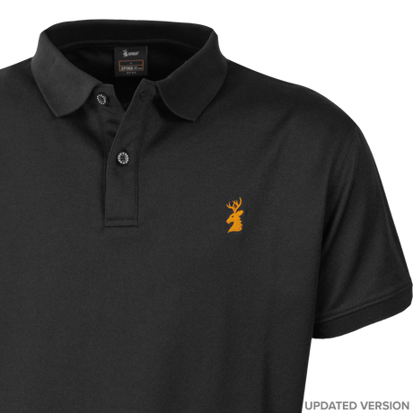 Spika GO Casual men's black polo, updated version close-up of collar, placket and orange stag logo