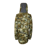 Spika Valley women's hunting jacket in Biarri Camo, back view with grey hood panel