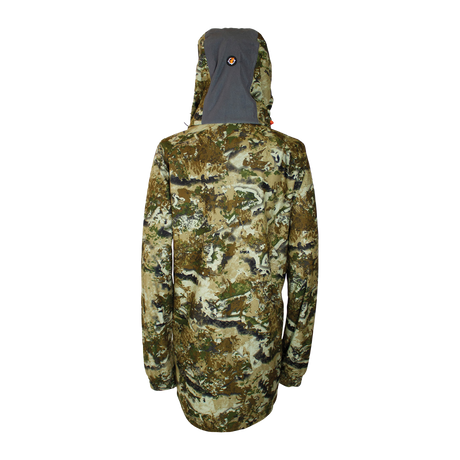 Spika Valley women's hunting jacket in Biarri Camo, back view with grey hood panel