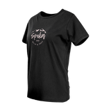 Spika GO Nomadic women's black T-shirt, three-quarter side view with pink mountain script print