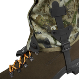 Spika Ranger adult gaiter in Biarri Camo, close-up of the instep strap and lace hook on a boot