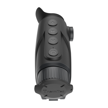 ThermTec Cyclone 315 thermal monocular, top view of control buttons with lens cap fitted