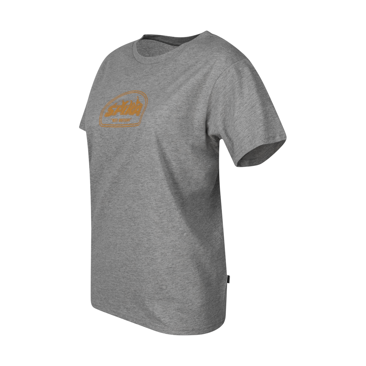 Spika GO Mountain women's grey T-shirt, three-quarter side view with orange SPIKA badge print
