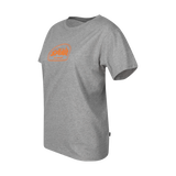 Spika GO Mountain women's grey T-shirt, three-quarter side view with orange SPIKA badge print