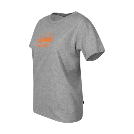 Spika GO Mountain women's grey T-shirt, three-quarter side view with orange SPIKA badge print