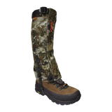 Spika Ranger adult gaiter in Biarri Camo on a hiking boot, outer side view with SPIKA print