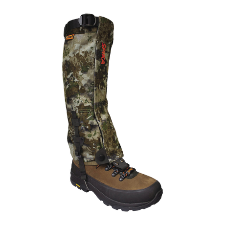 Spika Ranger adult gaiter in Biarri Camo on a hiking boot, outer side view with SPIKA print