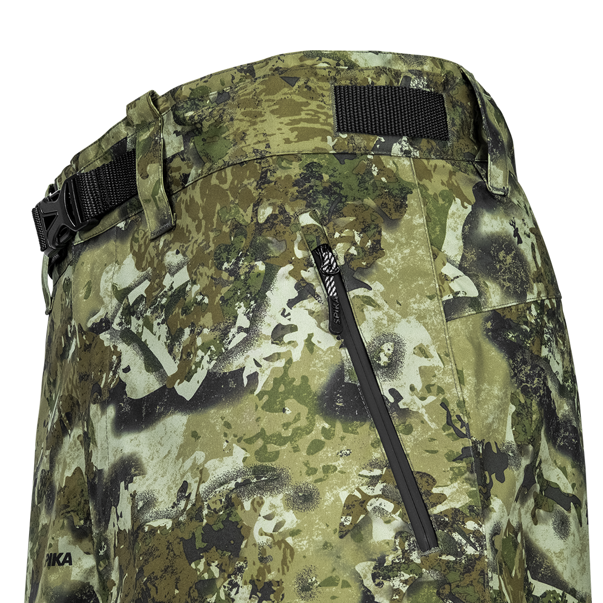 Spika Edge men's Biarri Camo pants close-up of the waist belt buckle and zipped hand pocket