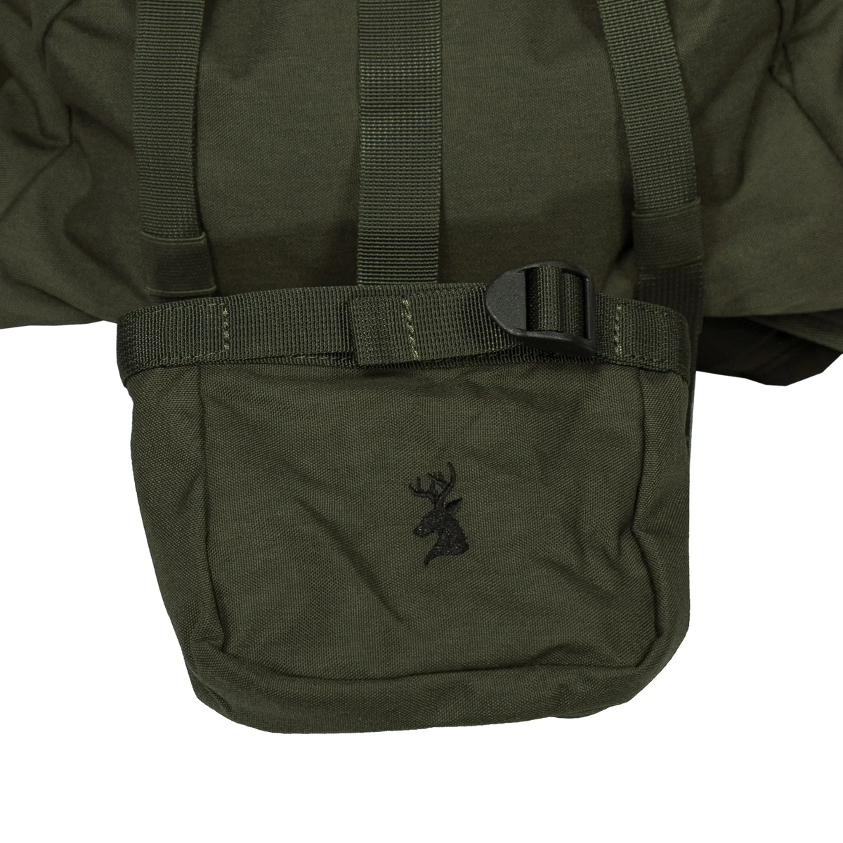 Spika Drover II Pro Pack 25L in Olive Summit, close-up of lower pouch with buckle strap and stag logo