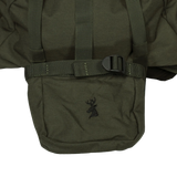 Spika Drover II Pro Pack 25L in Olive Summit, close-up of lower pouch with buckle strap and stag logo