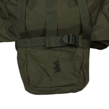 Spika Drover II Pro Pack 25L in Olive Summit, close-up of lower pouch with buckle strap and stag logo