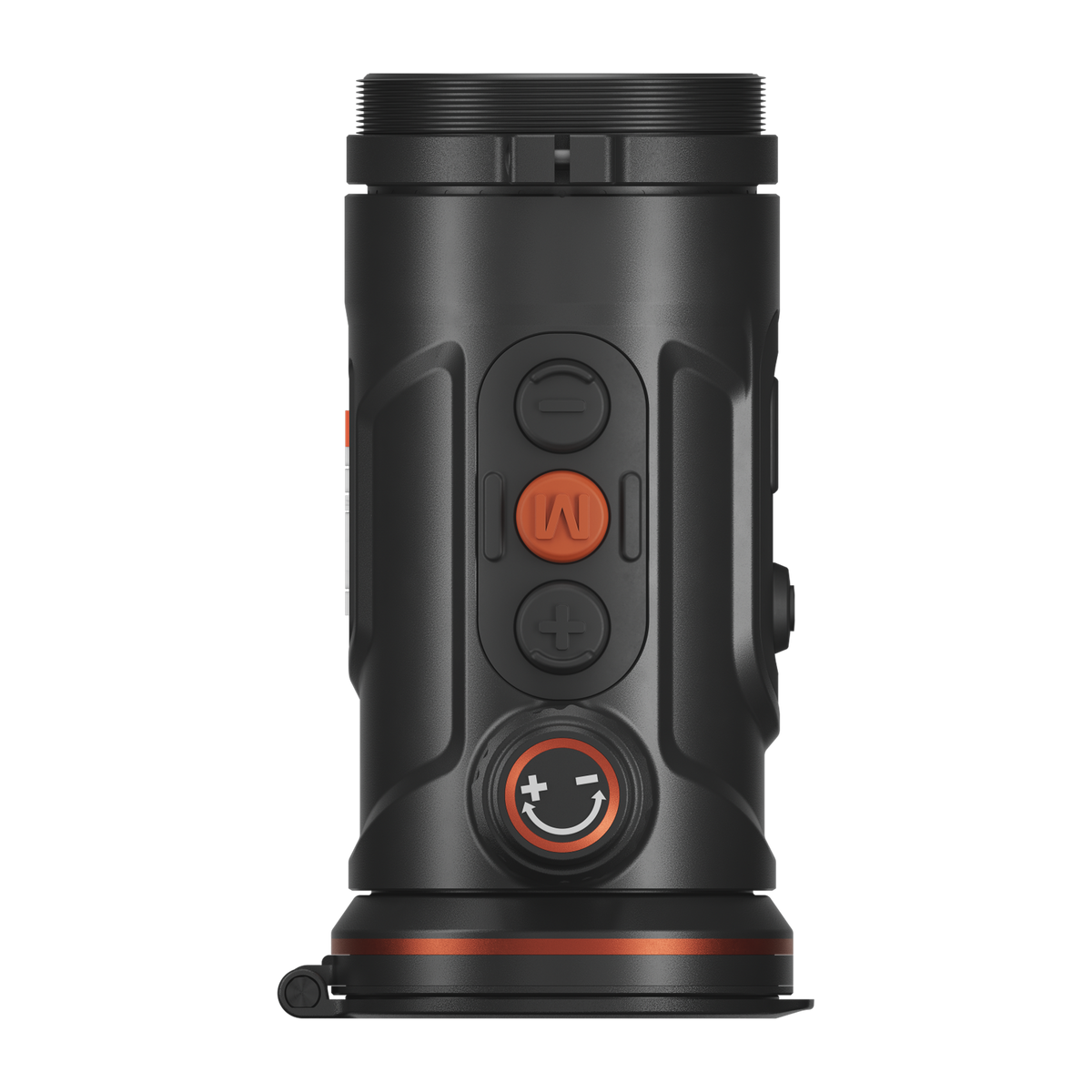 ThermTec Hunt Pro 650 thermal clip-on, top-down view of control buttons and rotary dial