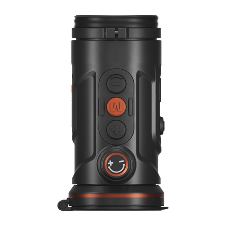 ThermTec Hunt Pro 650 thermal clip-on, top-down view of control buttons and rotary dial