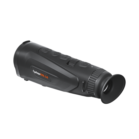 ThermTec Cyclops 335L 3.0 thermal monocular, rear three-quarter view of eyecup and model label