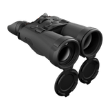 ThermTec Ventus 335L multi-spectrum binoculars, front three-quarter view with lens caps open