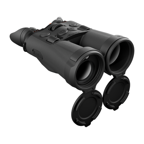 ThermTec Ventus 335L multi-spectrum binoculars, front three-quarter view with lens caps open