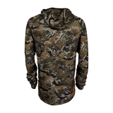 Spika men's microfleece zip-through hoodie in Biarri Camo, back view with hood