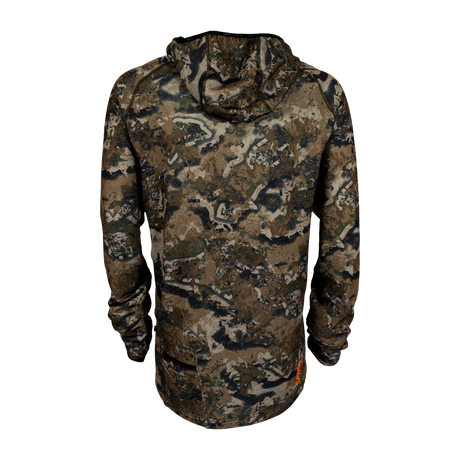 Spika men's microfleece zip-through hoodie in Biarri Camo, back view with hood