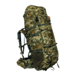 Spika Drover II Hauler 80L pack and frame in Biarri Camo, three-quarter front view with side mesh pocket