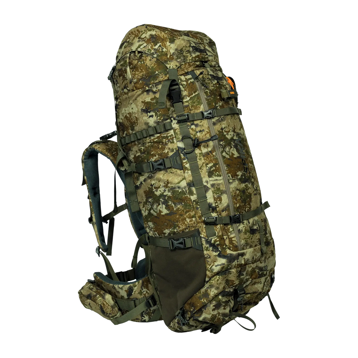 Spika Drover II Hauler 80L pack and frame in Biarri Camo, three-quarter front view with side mesh pocket