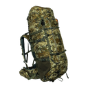 Spika Drover II Hauler 80L pack and frame in Biarri Camo, three-quarter front view with side mesh pocket