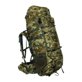 Spika Drover II Hauler 80L pack and frame in Biarri Camo, three-quarter front view with side mesh pocket