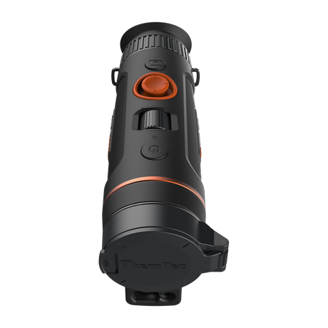 ThermTec Wild 335L thermal monocular, top view from the eyepiece end with lens cap closed