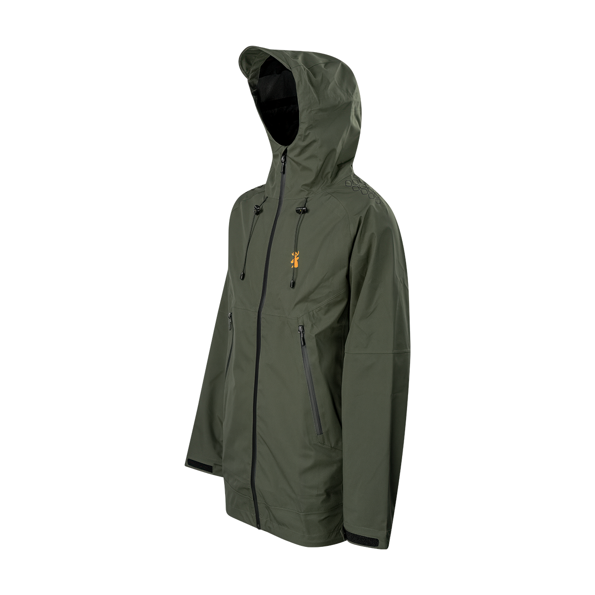 Spika Edge men's Olive waterproof jacket, three-quarter view of the hood and zipped pockets