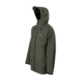Spika Edge men's Olive waterproof jacket, three-quarter view of the hood and zipped pockets