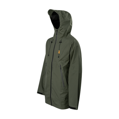 Spika Edge men's Olive waterproof jacket, three-quarter view of the hood and zipped pockets