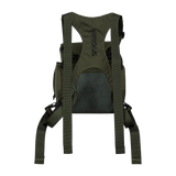 Spika Drover II bino pack in Olive Summit, rear view showing harness straps and mesh back panel