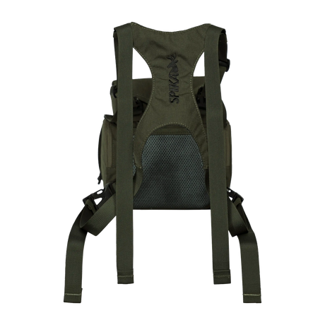 Spika Drover II bino pack in Olive Summit, rear view showing harness straps and mesh back panel