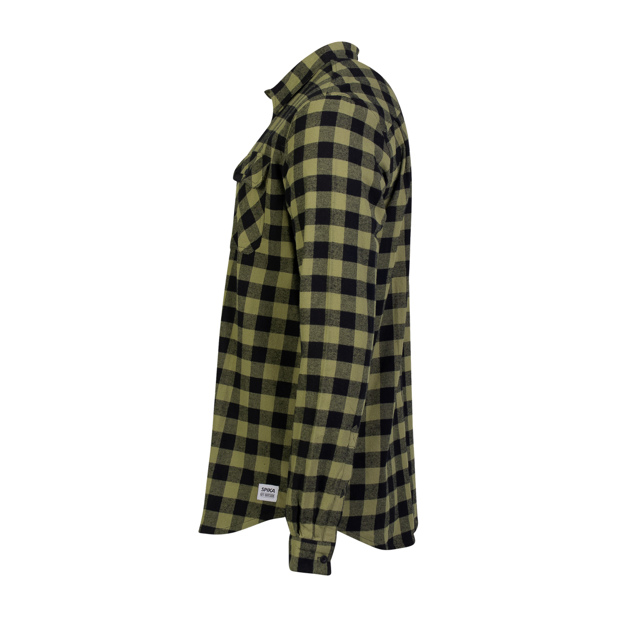 Spika men's Moss Green flannel check shirt, side profile view with curved hem and hem tag