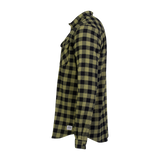 Spika men's Moss Green flannel check shirt, side profile view with curved hem and hem tag