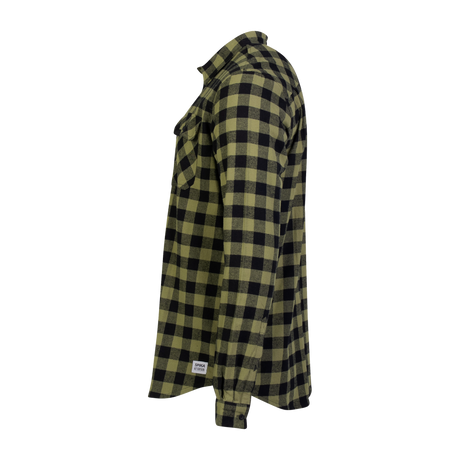 Spika men's Moss Green flannel check shirt, side profile view with curved hem and hem tag