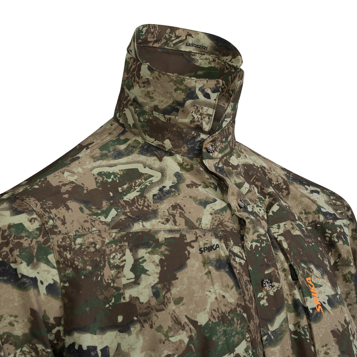 Spika Overlander men's hunting shirt in Biarri Camo, close-up of the collar stand popped up
