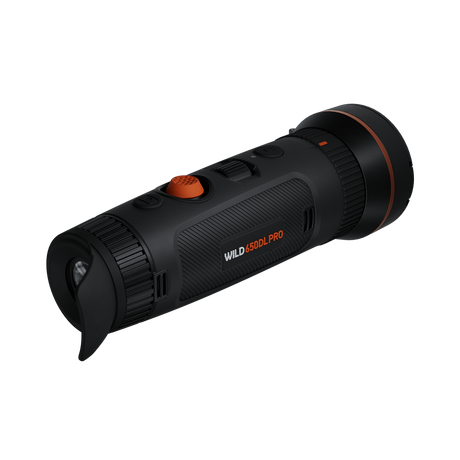 ThermTec Wild 650DL Pro thermal monocular, rear three-quarter view with eyecup and Wild 650DL Pro badge