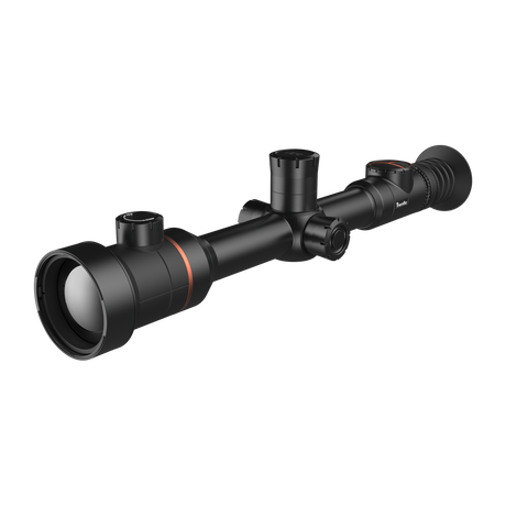 ThermTec Ares 650 2.0 thermal tube scope in black, low front three-quarter view of objective lens