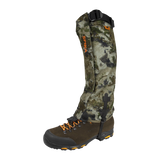 Spika Ranger adult gaiter in Biarri Camo on a hiking boot, front three-quarter view