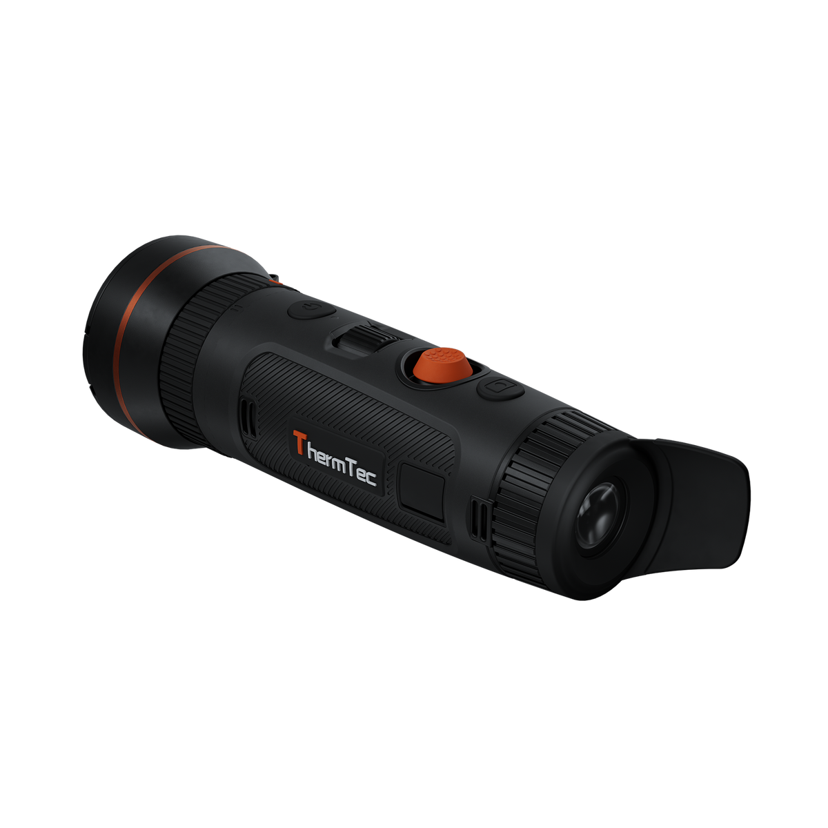 ThermTec Wild 650DL Pro thermal monocular, rear three-quarter view of extended eyecup and ThermTec logo