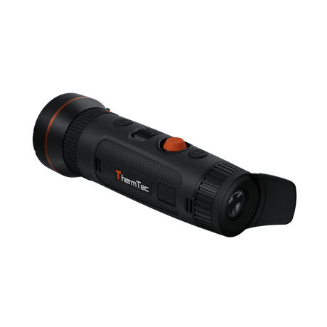 ThermTec Wild 650DL Pro thermal monocular, rear three-quarter view of extended eyecup and ThermTec logo