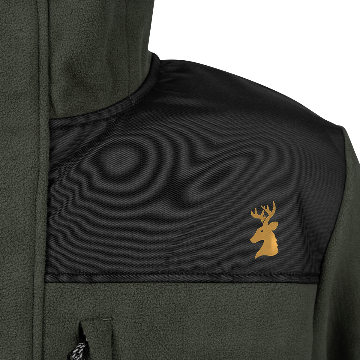 Spika Highpoint men's zip-through jacket in Olive, close-up of the orange deer logo on the yoke
