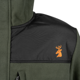 Spika Highpoint men's zip-through jacket in Olive, close-up of the orange deer logo on the yoke
